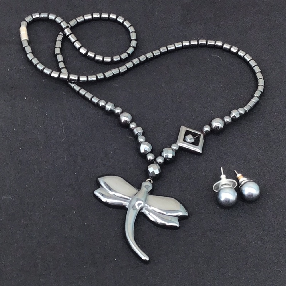 Hematite Necklace (Dragon Fly) with Earrings